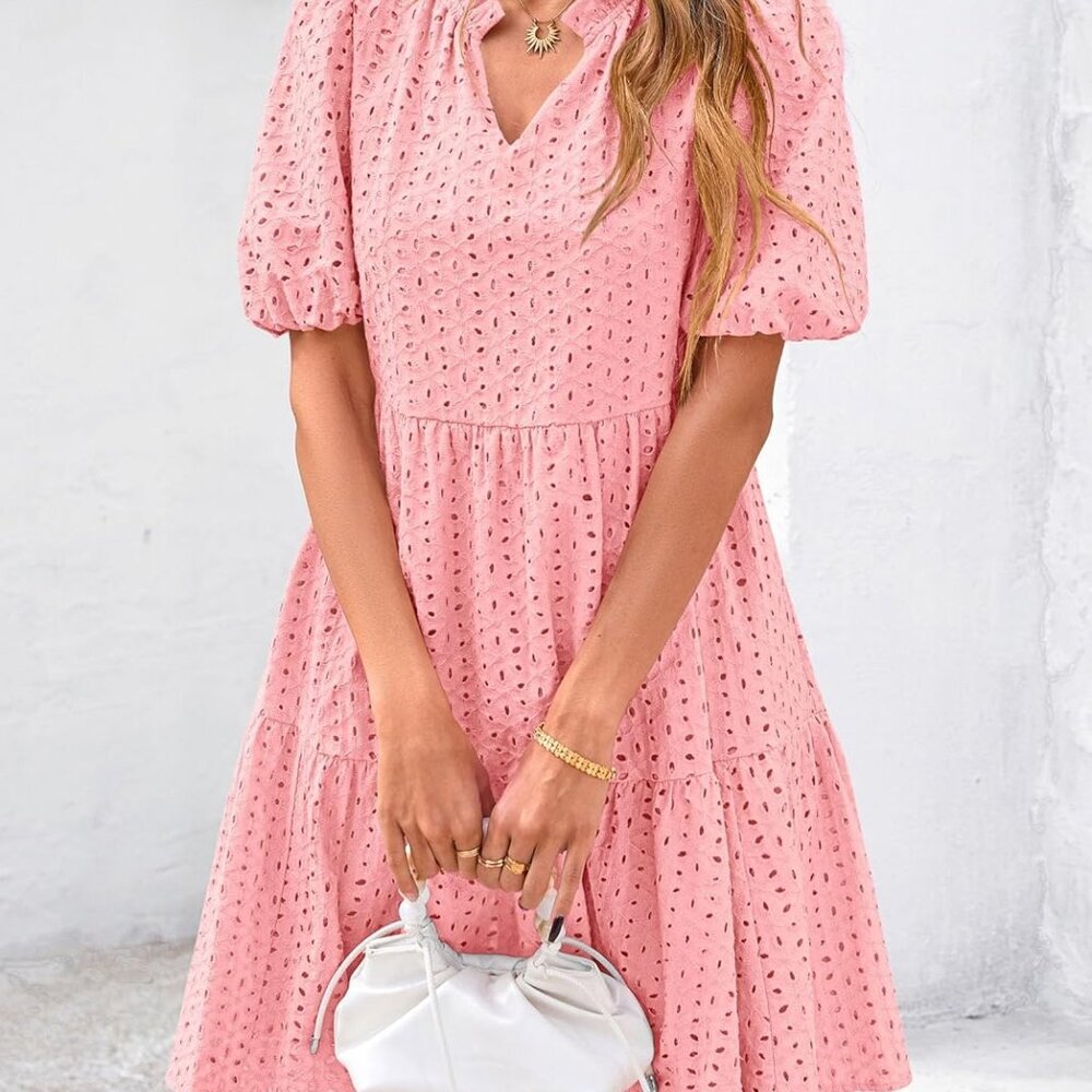 Eyelet Summer Dresses for Women 2025 Mini Casual Hollow Out Short Sleeve Lace Ti - Picture 3 of 8